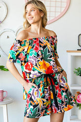 Boho Black Floral Combo Off-Shoulder Top, Tops, $ 34.00, A Moment Of Now™